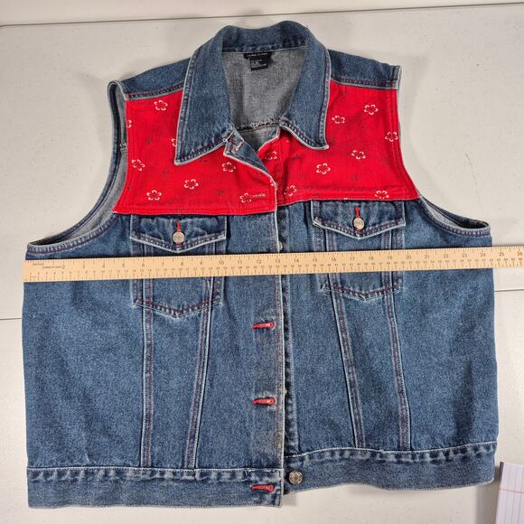 Baccini Blue Denim Red Floral Embellished Vintage Jean Jacket Vest Women's 20 XL - Picture 2 of 3